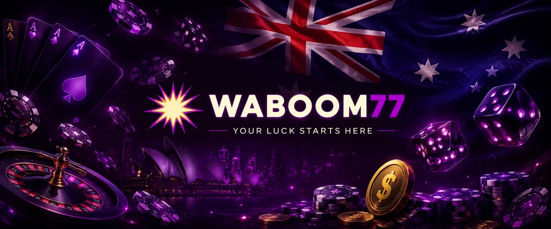 WaBoom77 Australia brand banner with roulette wheel, playing cards, dice and the Sydney skyline in purple neon