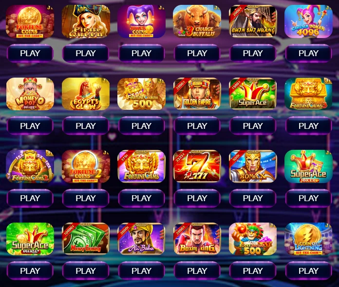 WaBoom77 pokies lobby grid showing BOOONGO and JILI game tiles with PLAY buttons under each thumbnail