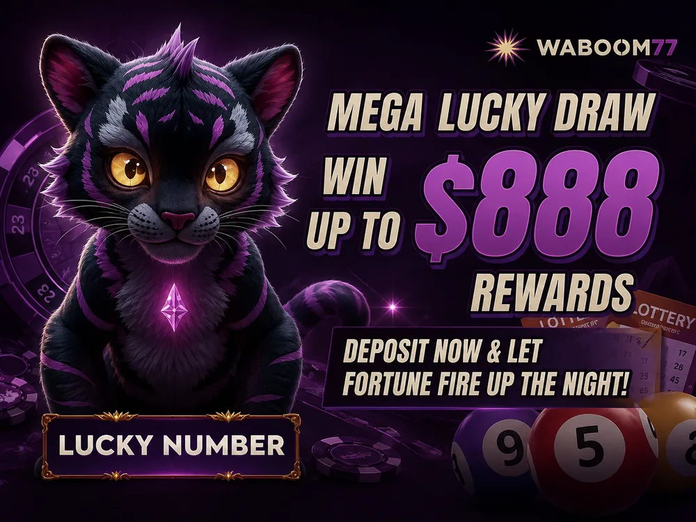 WaBoom77 Mega Lucky Draw promotion artwork: win up to AUD 888 in rewards, deposit now