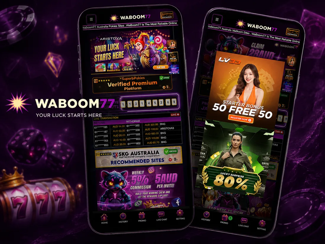 WaBoom77 mobile interface shown on two phones: pokies lobby, live transaction feed and bottom navigation bar